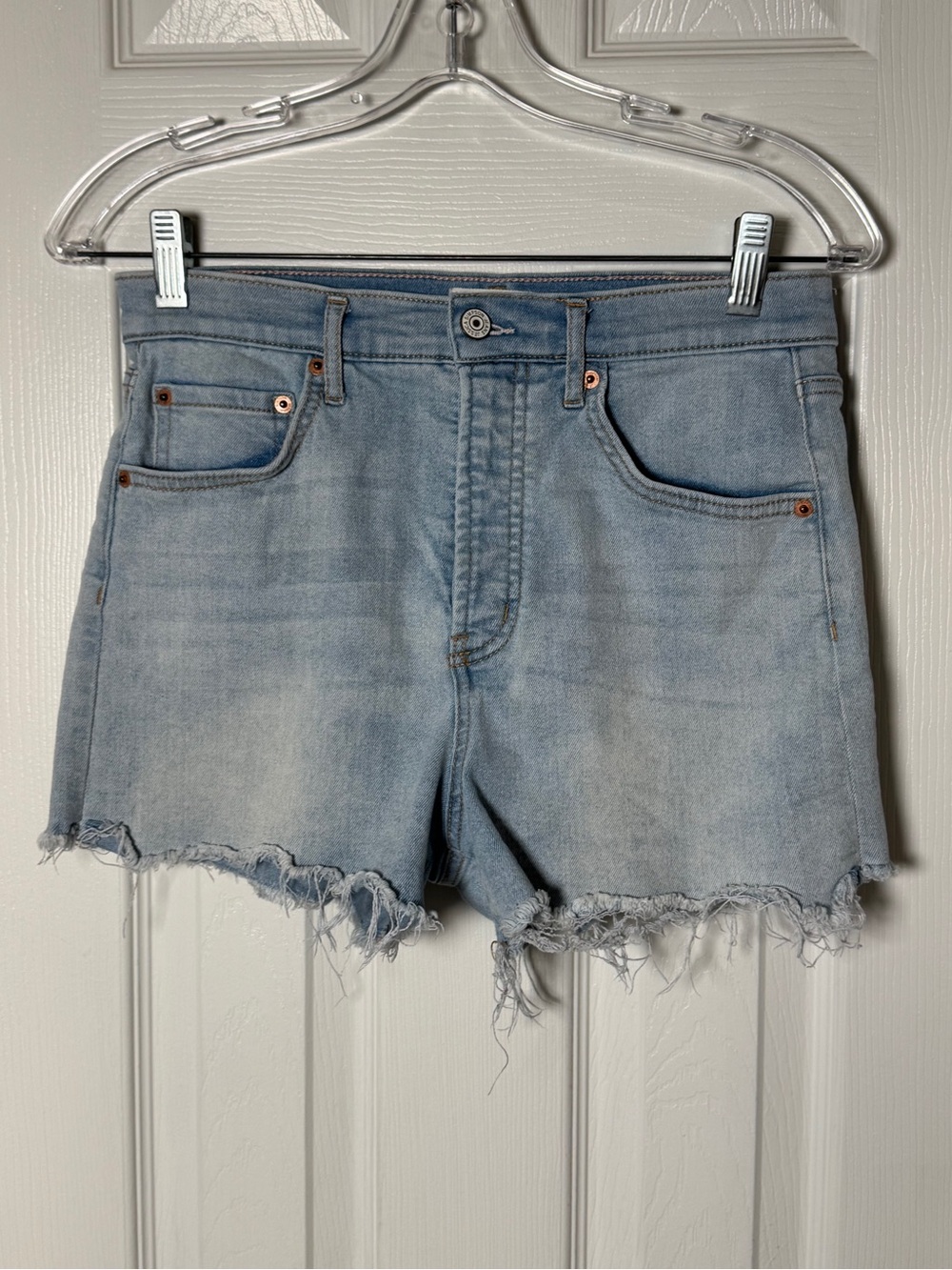 Jessica Simpson High Rise Button Fly Frayed Cutoff Shorts Light Wash Size 28